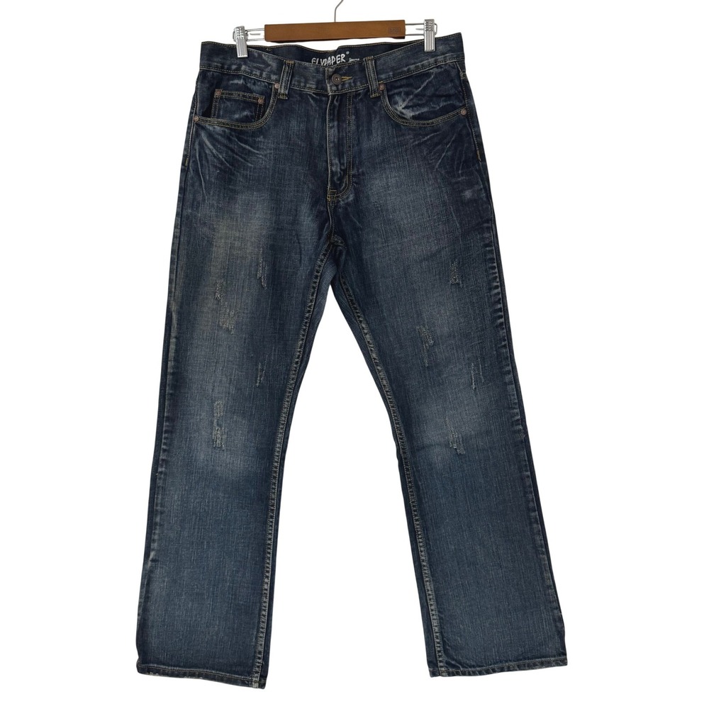Flypaper Jeans‎ Mens 32x32 Dark Wash Distressed Boot Cut Denim Blue Pants Y2K